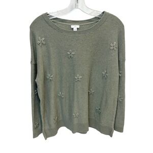 J. Jill Sage Green Floral Embroidered Knit Sweater Cotton - Size Large Petite